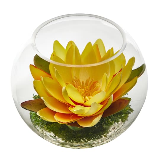 8&#x22; Yellow Lotus Arrangement in Glass Bowl Vase